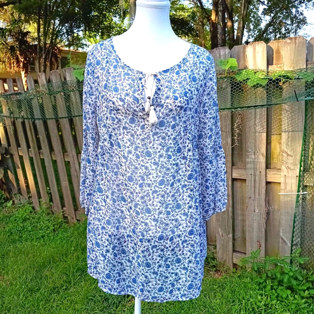 Canyon River Blues Paesant Pre-owned Blue&White Long Sleeve Summer Blouse  Sheer